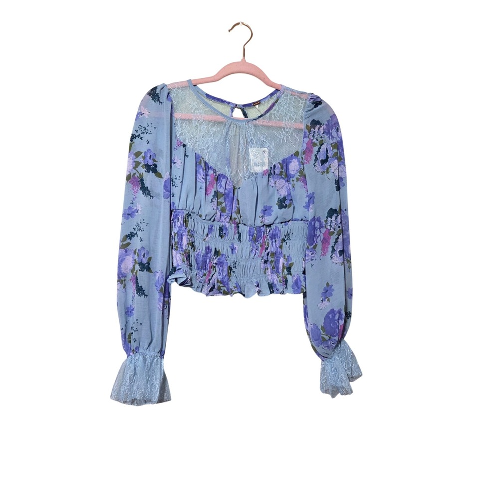 Free People Blue Floral Smocked Lace Crop Top Long Sleeve Blouse Medium NWT